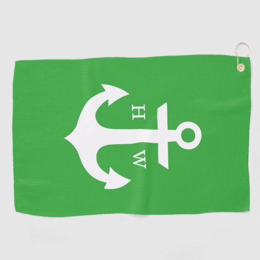 Monogram groen en wit anker golfhanddoek (Horizontaal)