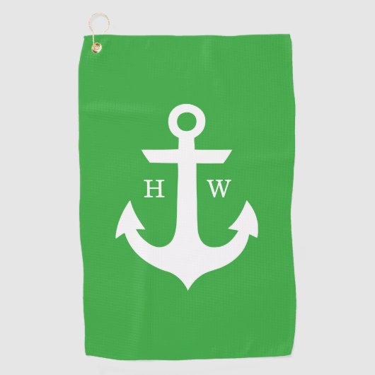 Monogram groen en wit anker golfhanddoek (Voorkant)