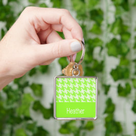 Monogram groen en wit houndstooth patroon sleutelhanger