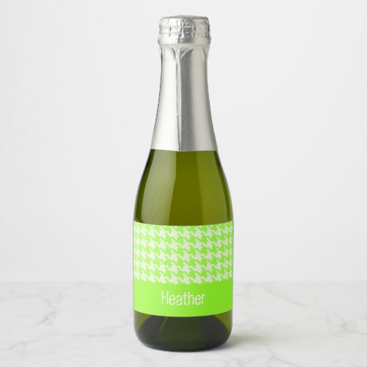 Monogram groen en wit houndstooth patroon sparkling wijnetiket (Voorkant)