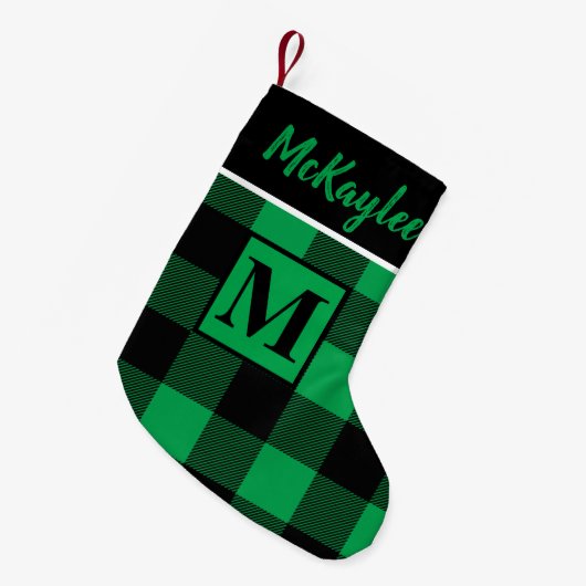 Monogram Groen en Zwart Buffel Plaid Personalisere Kleine Kerstsok (Voorkant (Hangend))