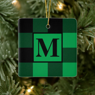 Monogram Groen en Zwarte Buffalo met kerstmis Keramisch Ornament