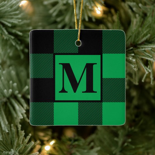 Monogram Groen en Zwarte Buffalo met kerstmis Keramisch Ornament (Boom)
