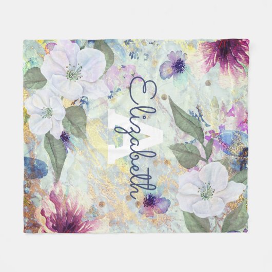 Monogram groen floraal  waterverf script fleece deken (Voorkant (Horizontaal))