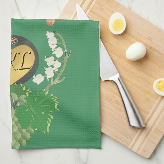 Monogram groen fruit en bloemen theedoek (Quarter Fold)