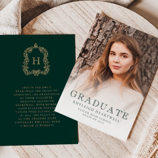 Monogram Groen Goud Foto Afstudeeraankondiging Kaart