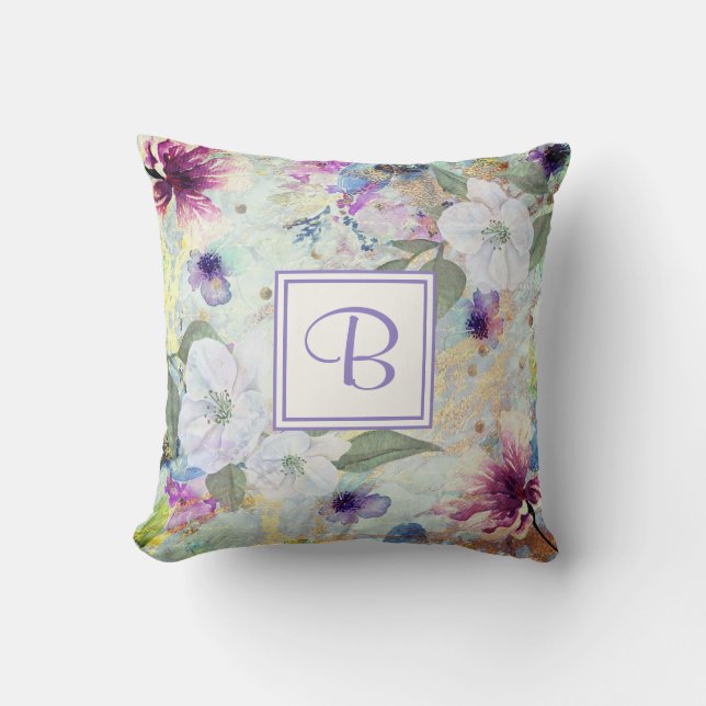 Monogram groen goud waterverf florale vintage kussen (Voorkant)