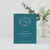 Monogram Groen Intrinsieke Floral Lijst Wedding Aankondigingskaart (Staand voorkant)