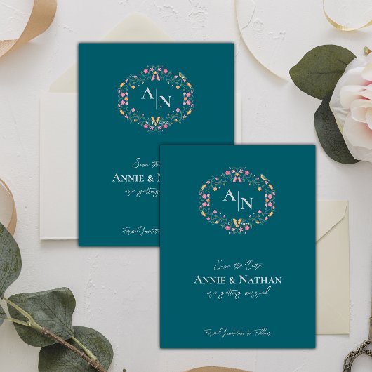 Monogram Groen Intrinsieke Floral Lijst Wedding Aankondigingskaart
