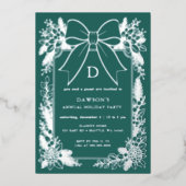 Monogram Groen Lint Kerstfeest Folie Uitnodiging (Voorkant)