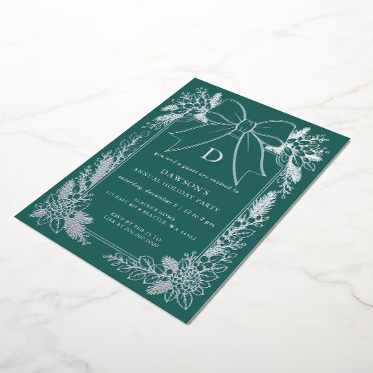 Monogram Groen Lint Kerstfeest Folie Uitnodiging (Gedraaid)