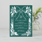 Monogram Groen Lint Kerstfeest Folie Uitnodiging (Staand Voorkant)