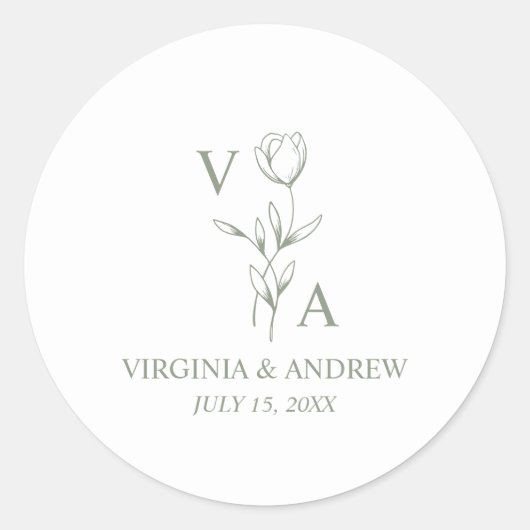 Monogram Groen Minimalistische Boho Bruiloft  Ronde Sticker (Voorkant)