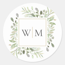 Monogram Groen Modern Goud Bruiloft Ronde Sticker