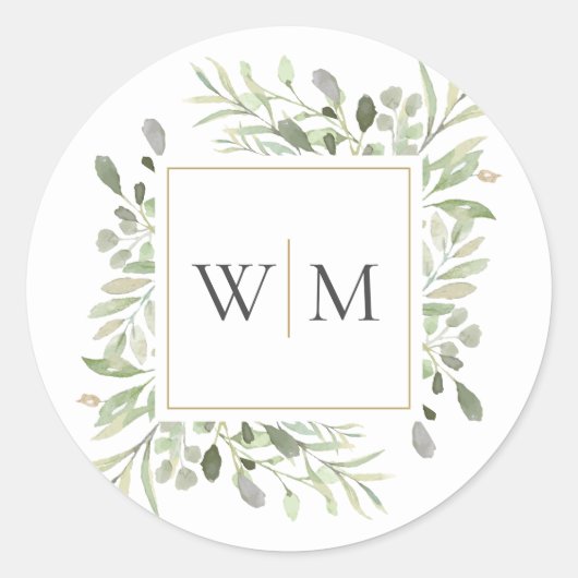 Monogram Groen Modern Goud Bruiloft Ronde Sticker (Voorkant)