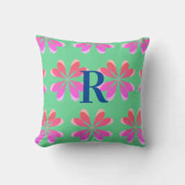 Monogram groen roze retro bloemen kussen