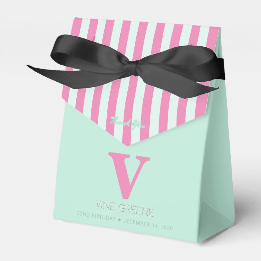 Monogram Groen Roze Strepen Favor Box Bedankdoosjes (Voorkant Zijde)