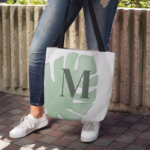 Monogram groen tropisch palmblad op maat tote bag