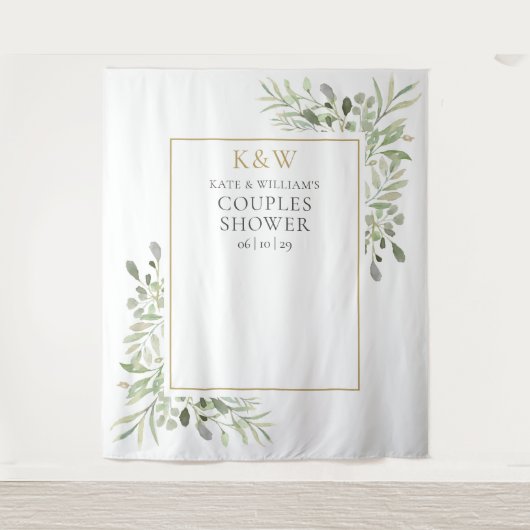 Monogram Groene Achtergrond voor Koppel Bruisfeest Wandkleed (Voorkant)