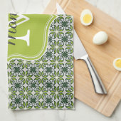 Monogram Groene Bloemen Patroon Theedoek (Quarter Fold)