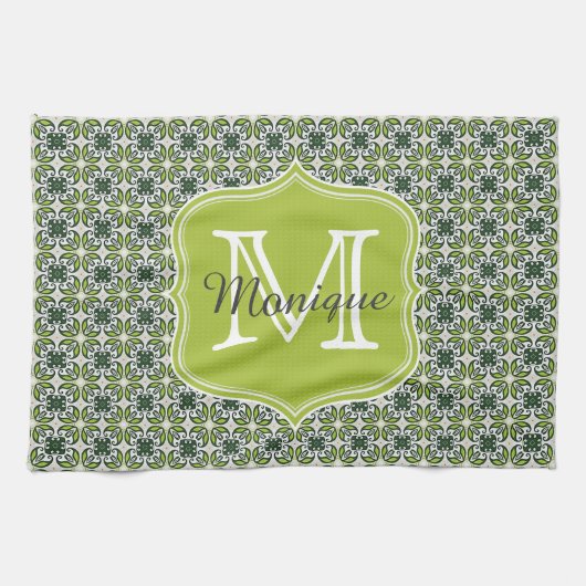 Monogram Groene Bloemen Patroon Theedoek (Horizontaal)