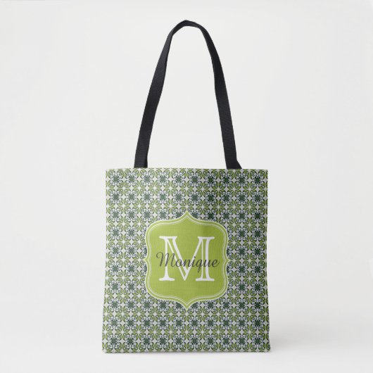 Monogram Groene Bloemen Patroon Tote Bag (Voorkant)