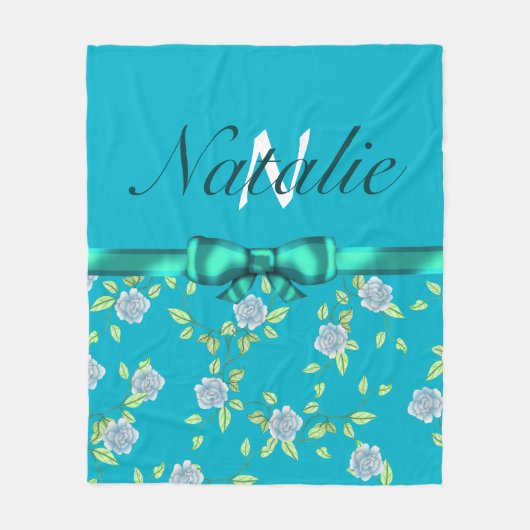 Monogram Groene Bow Ribbon en Blauwe Rozen Fleece Deken (Voorkant)