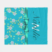 Monogram Groene Bow Ribbon en Blauwe Rozen Fleece Deken (Voorkant (Horizontaal))