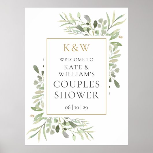 Monogram Groene Bruiloftsborrel Welkomstbord Poster (Voorkant)