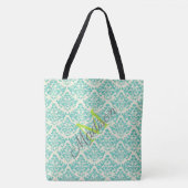 Monogram groene Damask Trendy Cute Girly Tote Bag (Voorkant)