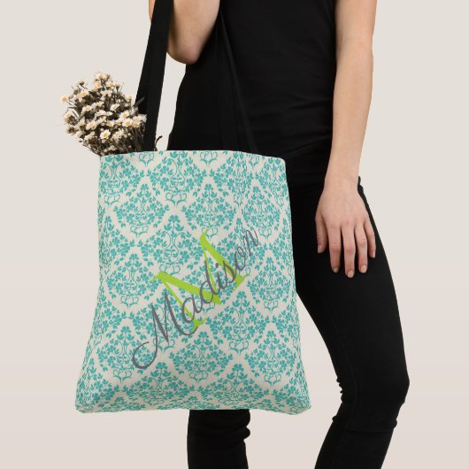 Monogram groene Damask Trendy Cute Girly Tote Bag (Dichtbij)