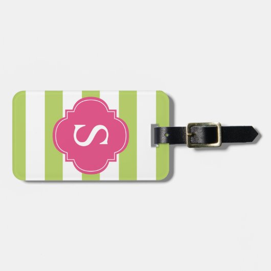 Monogram groene en roze strepen bagagelabel (Voorkant horizontaal)