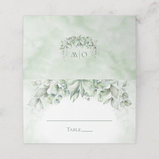 Monogram Groene Eucalyptus Bruiloft Plaatskaartje (Buitenkant ongevouwen)