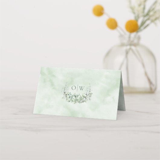 Monogram Groene Eucalyptus Bruiloft Plaatskaartje (Achterkant)