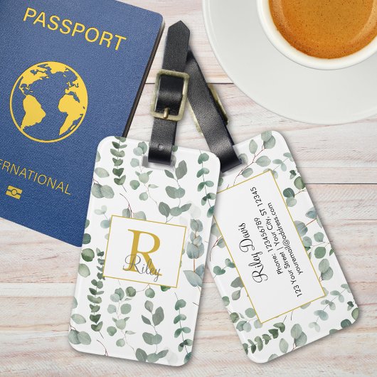Monogram Groene Eucalyptusbladeren Groene Patroon Bagagelabel