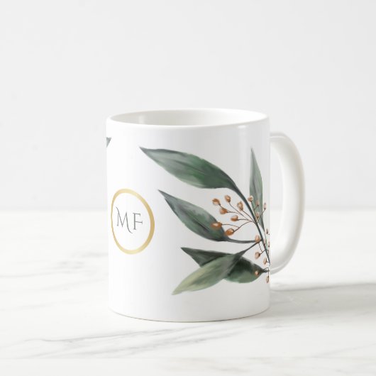 Monogram groene eucalyptusbladeren koffiemok (Voorkant rechts)