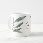 Monogram groene eucalyptusbladeren koffiemok (Voorkant links)