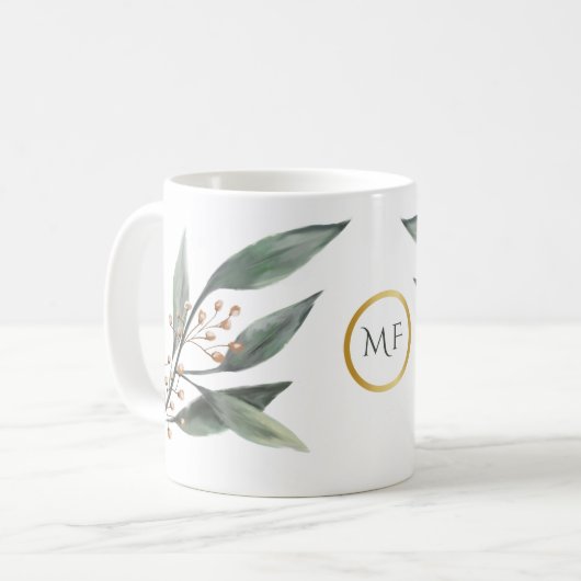 Monogram groene eucalyptusbladeren koffiemok (Voorkant links)