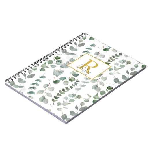 Monogram groene eucalyptusbladeren notitieboek (Linkerzijde)
