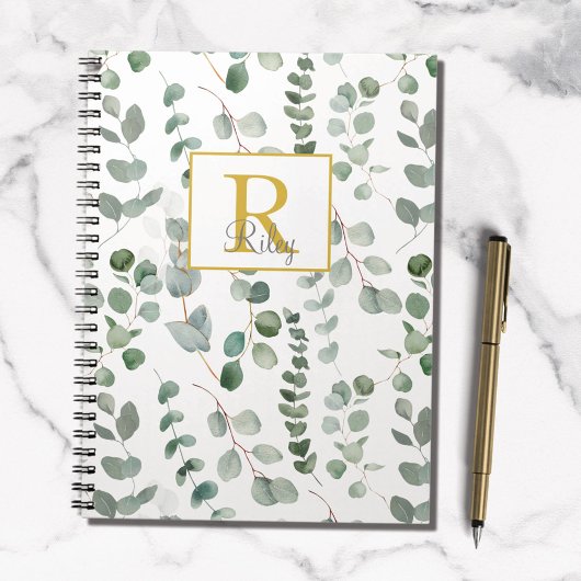 Monogram groene eucalyptusbladeren notitieboek
