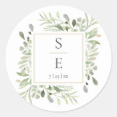 Monogram Groene Gebladerte Gouden Bruiloft Ronde Sticker (Voorkant)