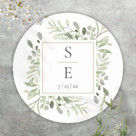 Monogram Groene Gebladerte Gouden Bruiloft Ronde Sticker