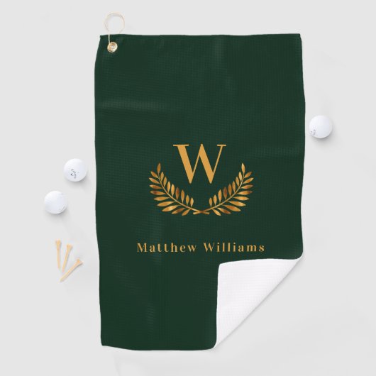 Monogram groene goudlauriernaam Emerald green Golfhanddoek (Insitu)