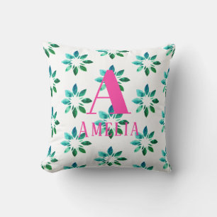 Monogram Groene Heet Roze Retro Bloem Waterverf Kussen