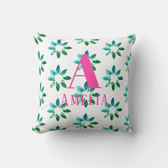 Monogram Groene Heet Roze Retro Bloem Waterverf Kussen (Voorkant)