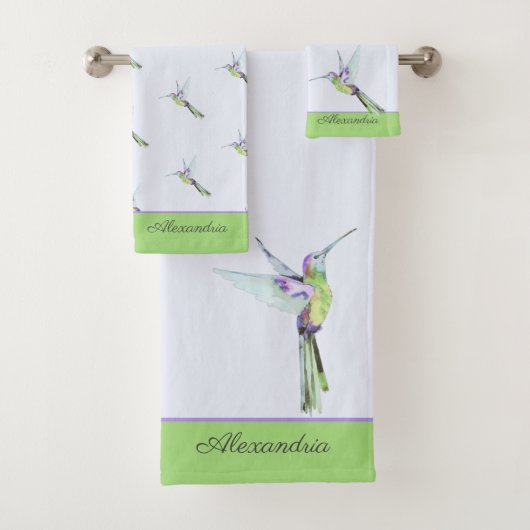 Monogram groene Hummingbird Towel Bad Handdoek (Insitu)