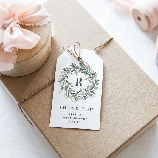Monogram Groene Krans Baby Shower Bedankt Cadeaulabel
