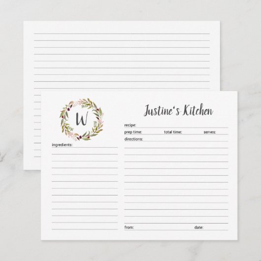 Monogram groene krans recept kaart (Voorkant / Achterkant)