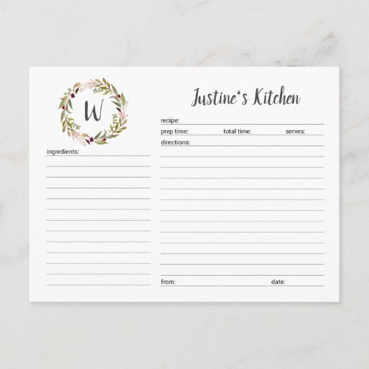 Monogram groene krans recept kaart (Voorkant)