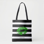 Monogram groene lips en zwarte witte strepen tote bag (Voorkant)